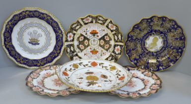 Six Royal Crown Derby plates including three Royal Commemoratives; four with wavy edge