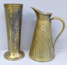 An Art Nouveau small brass pitcher and a brass vase, 22cm