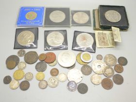 Assorted commemorative coins and tokens, some drilled, 18th Century and later including a small