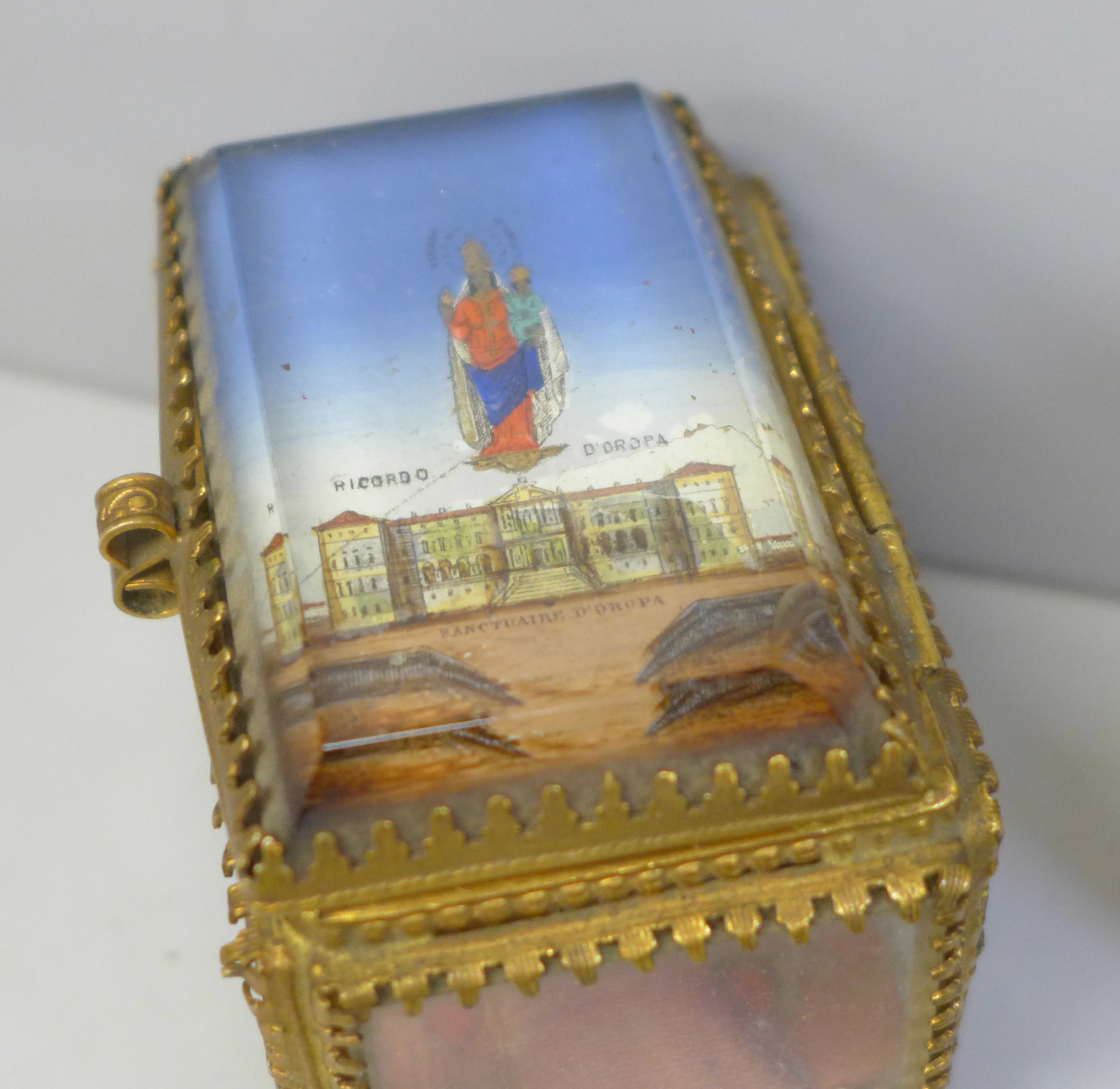 A papier mache snuff box set with abalone, a small gilt metal jewellery casket and two other boxes - Image 2 of 3