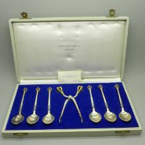 A W & S Sorensen Danish sterling silver crown design tea spoon and sugar nip set, 92g, boxed