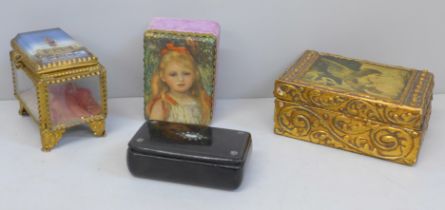 A papier mache snuff box set with abalone, a small gilt metal jewellery casket and two other boxes