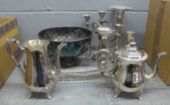 Silver plate, two large silver on copper trays, one handle broken, candelabra, trumpet vase, tea and