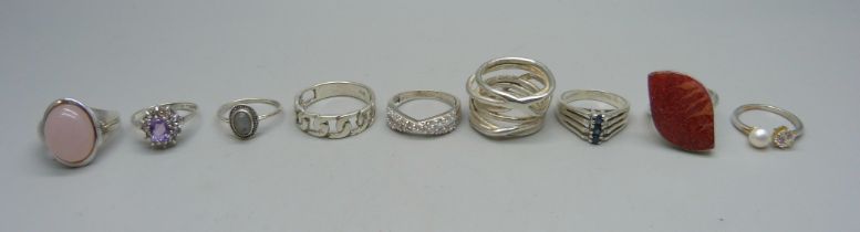 Eight silver rings and one unmarked white metal ring set with an amethyst (a/f), all test as silver,