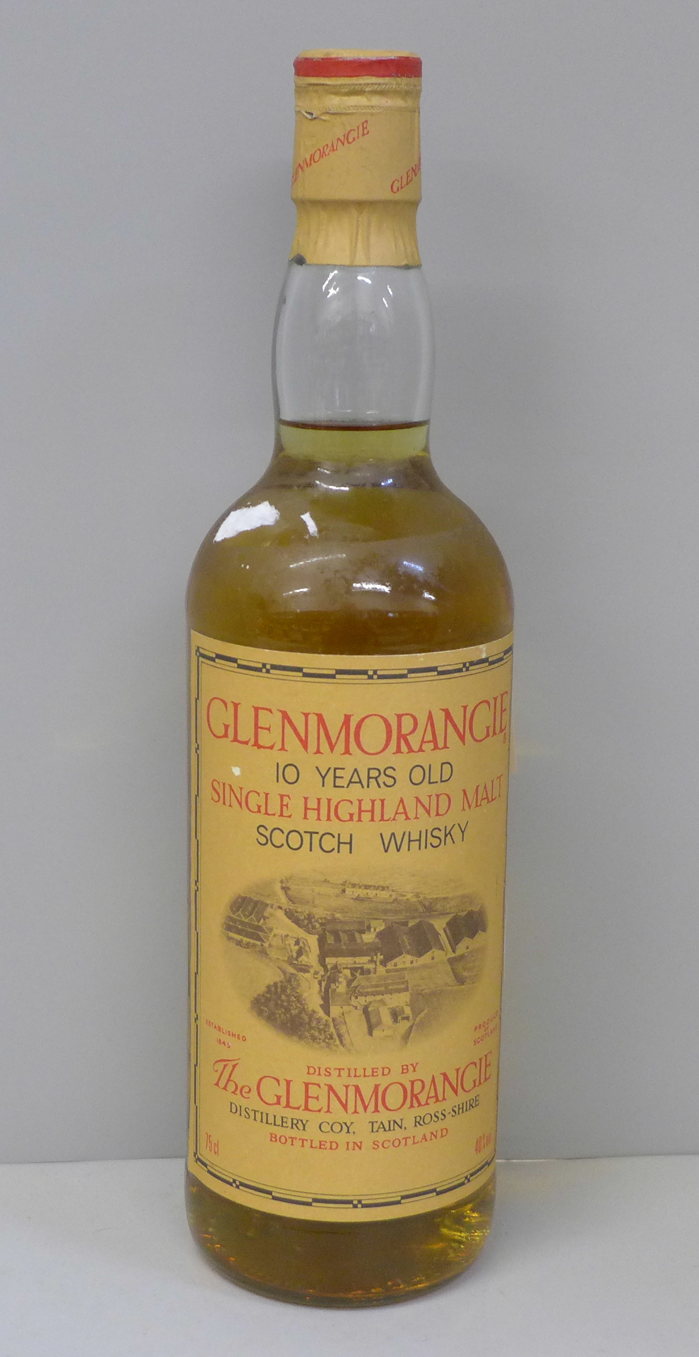 A bottle of 10 Years Old Glenmorangie single Highland malt whisky, bottled in 1980s