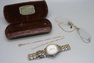 A lady's Longines wristwach, a pair of spectacles and a 10ct gold box chain bracelet, 0.9g