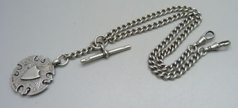 A silver double Albert chain and fob, 56g, 43cm length including dog clips
