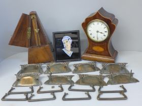 An Edwardian inlaid mantle clock with key, a Maelzel metronome, a butterfly wing Art Deco style