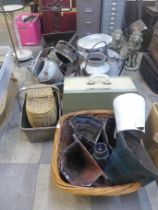 Assorted cast iron drain, hoppers, cistern, galvanised watering cans, etc.