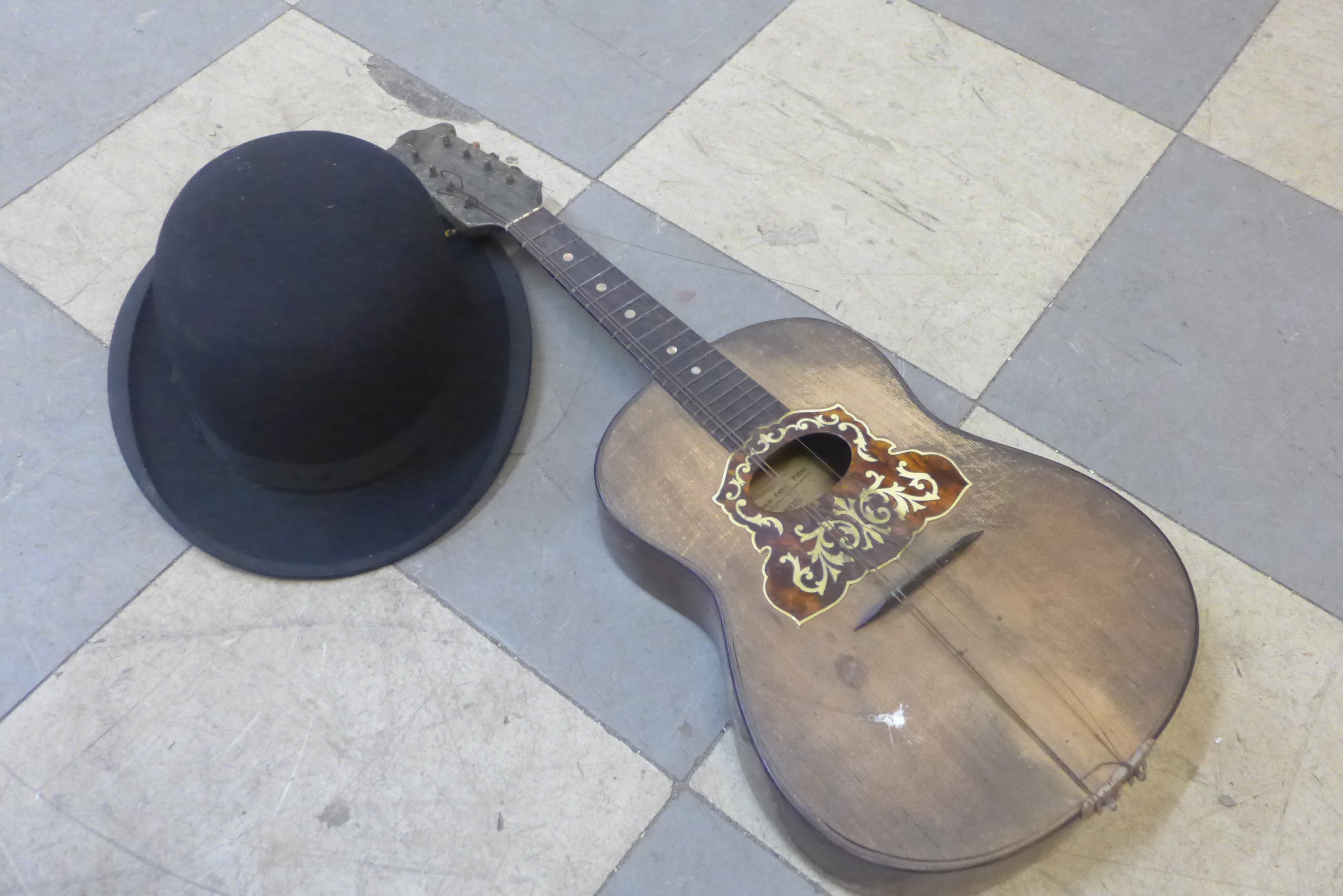 A vintage doll, a bowler hat, a small guitar and a red/pink glass light shade - Image 4 of 5