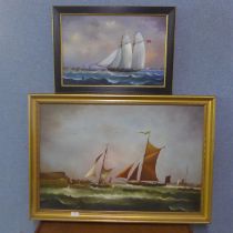 D. Hewitt, two landscapes, shipping at sea, oil on canvas, framed