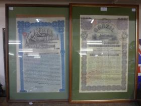 Two framed Russian and Brazilian railway stock certificates