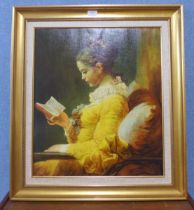 After Jean Honore Fragonard (French 1732-1806) Girl Reading, overprinted print, framed