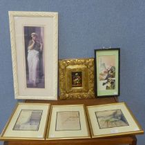 A still life of flowers, oil on board, a Japanese relief picture and four other prints