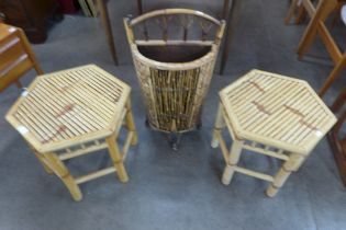 An Italian bamboo and wicker stickstand and two occasional tables