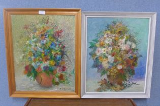 Roland Emil Sochacki (Polish School), two still lifes of flowers, oil on canvas, both framed