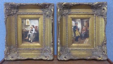 A pair of Flemish style interior scenes, oil on panel, framed