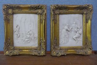 A pair of classical style faux marble plaques, framed