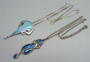 An Art Nouveau Murrle Bennett & Co .950 silver and enamel pendant on a white metal chain, (one panel