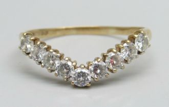 A 9ct gold wishbone ring set with white stones, 2.2g, X