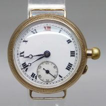 A 9ct gold cased trench wristwatch head, 21g including movement, 29mm excluding crown