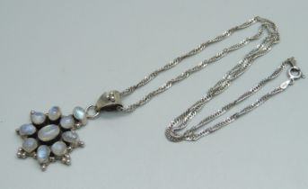 A moonstone and silver pendant on chain, 11g, 4.5cm pendant drop, approximately 46cm