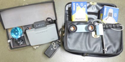 A Polaroid land camera, a light bar and a Pathescope cine camera