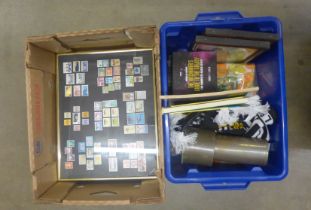 A box of stamps, tickets, etc., and a box of assorted household items **PLEASE NOTE THIS LOT IS