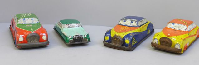 Four Glamorgan Toy Product GTP tin-plate cars, 531, 534, 576 and 533