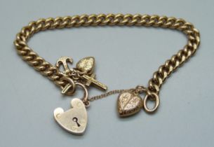 A 9ct gold curb chain bracelet, each link marked, with a faith, hope and charity charm and heart