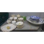 Two boxes of assorted china and glass including blue and white, crinoline lady tea ware and a