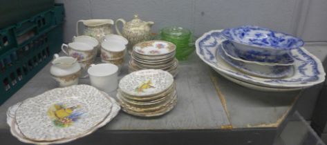 Two boxes of assorted china and glass including blue and white, crinoline lady tea ware and a
