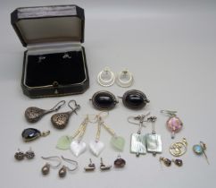 Five pairs of silver earrings, a pair of white metal cabochon onyx earrings and other costume