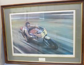 A framed motorcycle racing print, World Champion by Dion Pears, signed by Barry Sheene and by the