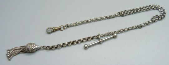 A white metal Albertina chain with T-bar and tassel, and a base metal dog clip, 13g excluding