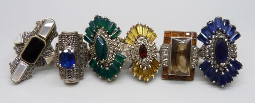 Six large chunky silver Art Deco style rings set with smoky quartz, citrine, onyx and marcasite, 76g