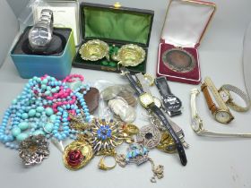 Coins, wristwatches, costume jewellery and a pair of plated salts