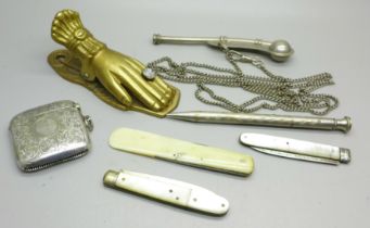 Pocket and fruit knives, a bosun's whistle, a plated vesta case, etc.