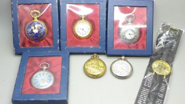 Six pocket watches, (four boxed), and a wristwatch