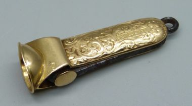 A Victorian 18ct gold cigar cutter, Birmingham 1893, John Allen, a/f misshapen