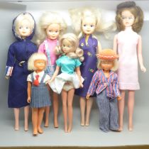 Seven dolls; Mary Quant Daisy doll, three New Face 1986 Sindy dolls, original first Tressy and two