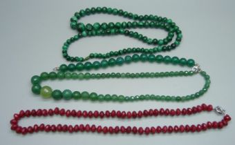 A rubellite necklace, an emerald necklace, a malachite necklace and a prase bracelet, 208g,