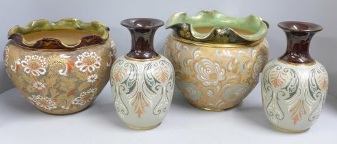 A pair of Langley salt glaze vases and two Doulton jardinieres, one impressed mark Slater's