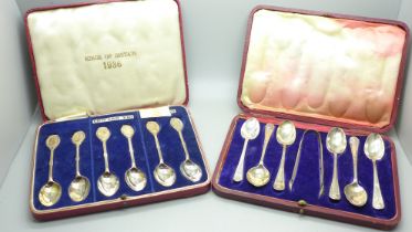 Six silver tea spoons with sugar bows, Sheffield 1912, 109g, and six plated Kings of Britain 1936