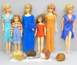 Four 1960s Barbie dolls and 1963 Skooter and Skipper dolls, (6)