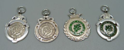 Four silver fobs, Broad Oak Road Club, two enamelled, all with inscriptions to reverse, 34g