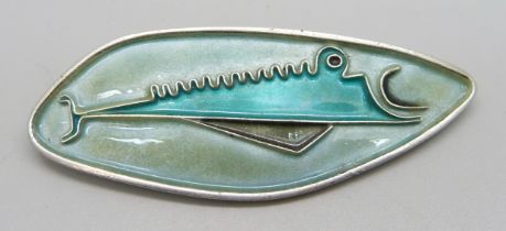 An abstract design sterling silver enamelled brooch/pendant depicting a fish, maker's mark de P.