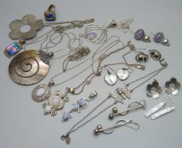 A collection of silver and stone set jewellery, 122g of marked silver, a white metal mounted shell