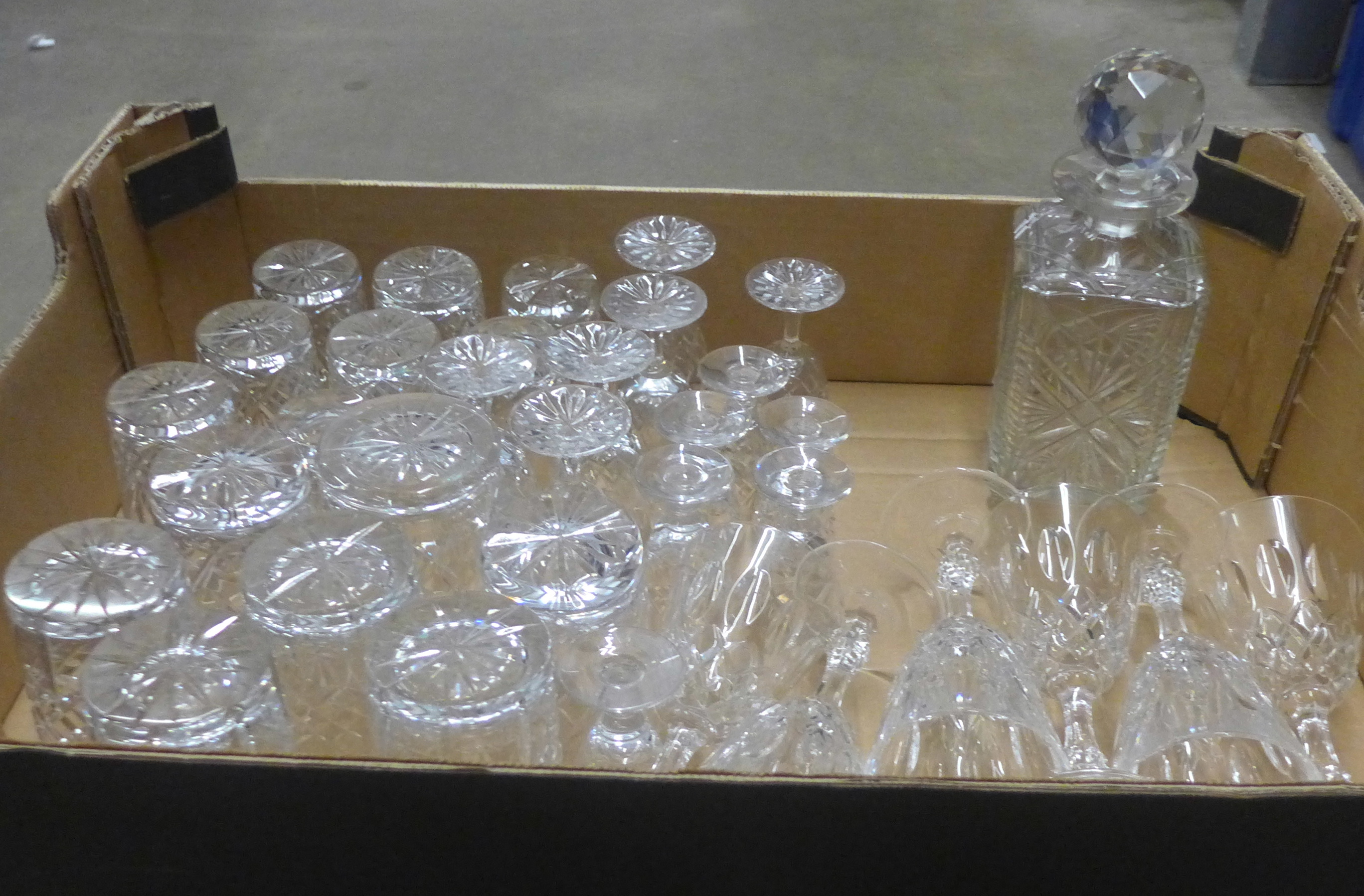 A box of mixed crystal glasses and a decanter **PLEASE NOTE THIS LOT IS NOT ELIGIBLE FOR POSTING AND