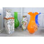 A Cloisonne vase, three glass vases, three other vases and a silver rimmed scent bottle **PLEASE